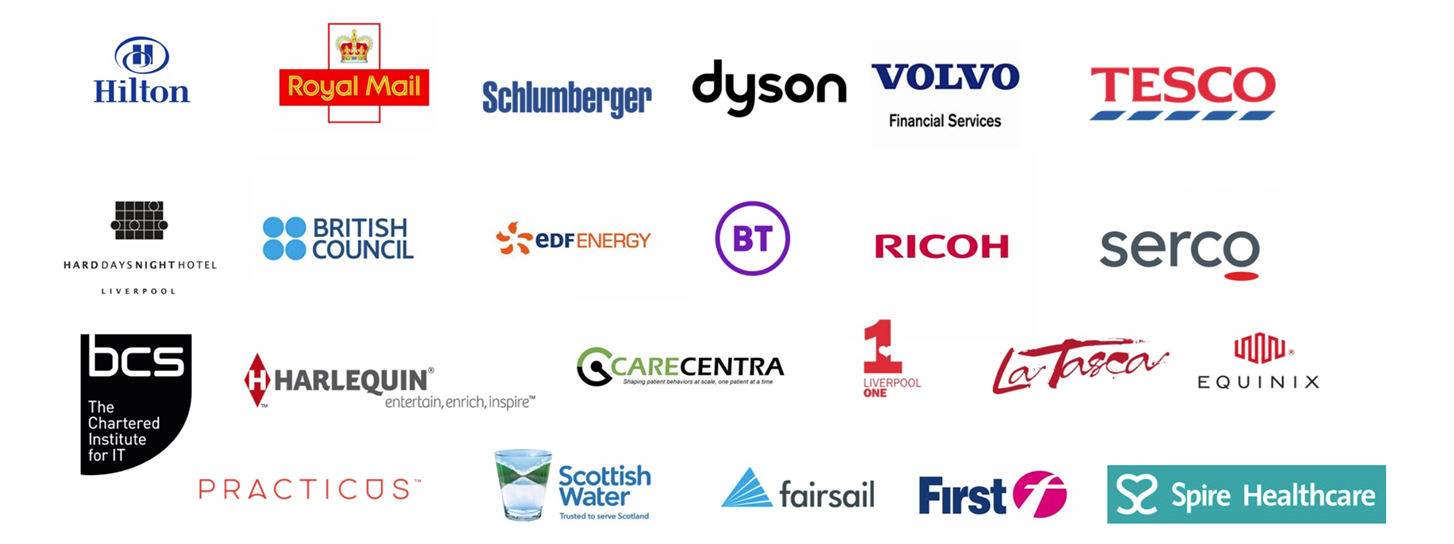 Logos of organisations Riddlebox has worked with, including Hilton, Volvo, BT, Dyson, and The British Council