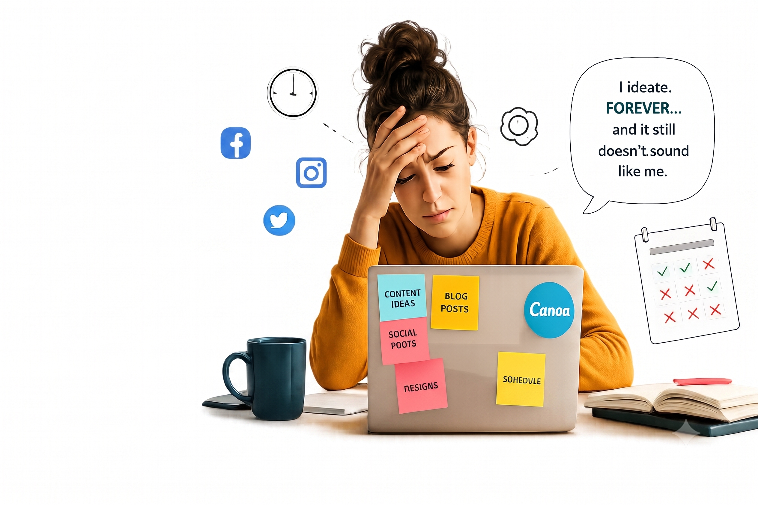 Overwhelmed founder surrounded by content ideas, sticky notes, and social icons